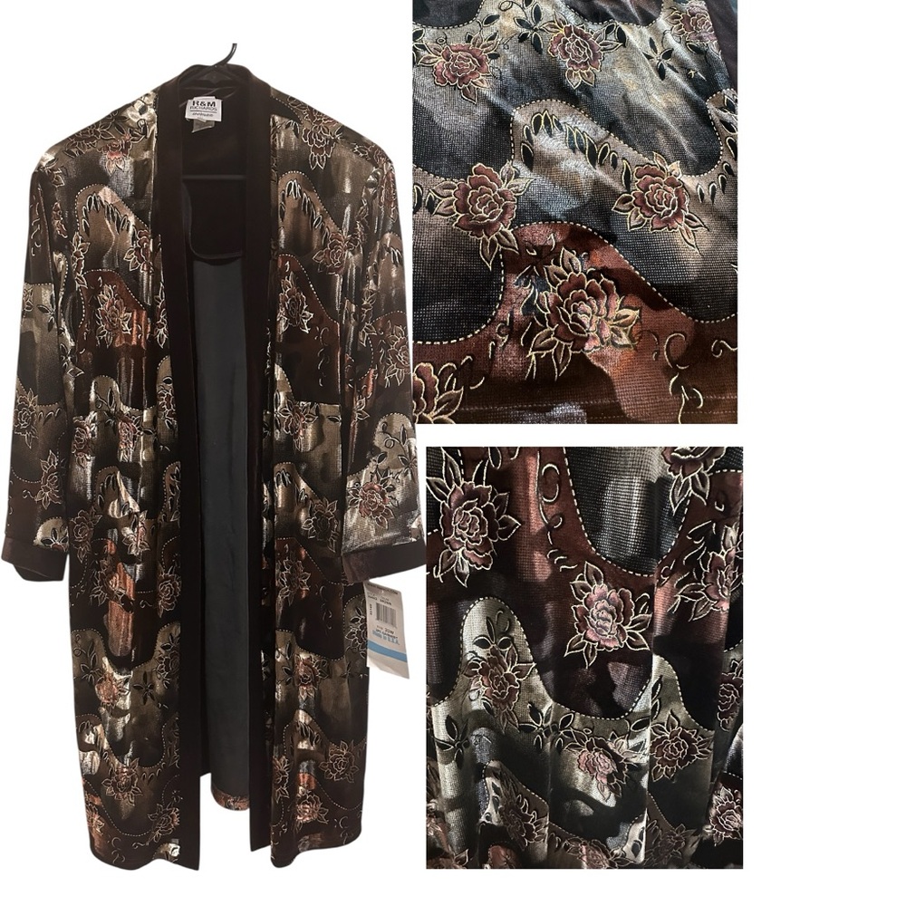 Vintage R&M Richards Velvet Kimono Cardigan Jacket Brown Gold Floral 20W USA NWT